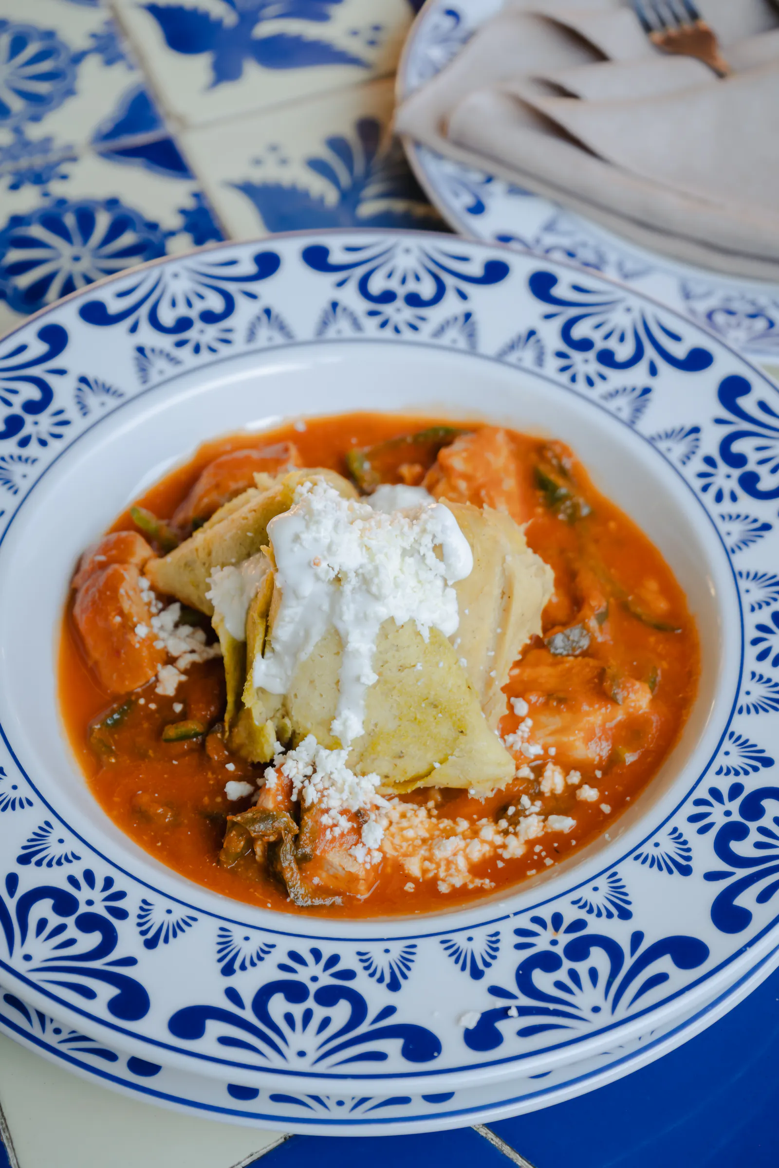 Platillo en salsa roja con crema y queso fresco